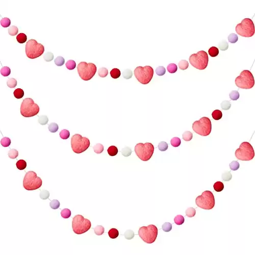 3 Pieces Valentine's Day Felt Garlands Colorful Ball and Heart Garlands 6.5 Feet Long Felt Banners with 15 Pom Pom Balls and 5 Hearts for Valentines Home Office Wall Indoor Outdoor Decoration