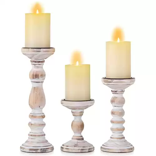 Candle Holder for Pillar Candles: Romadedi Set of 3 Decorative Wood Candlestick Holders, Rustic Wooden Candle Stand for Fireplace Mantle End Table Shelf in Farmhouse Style, Whitewashed 6”, 8.3”, 1...