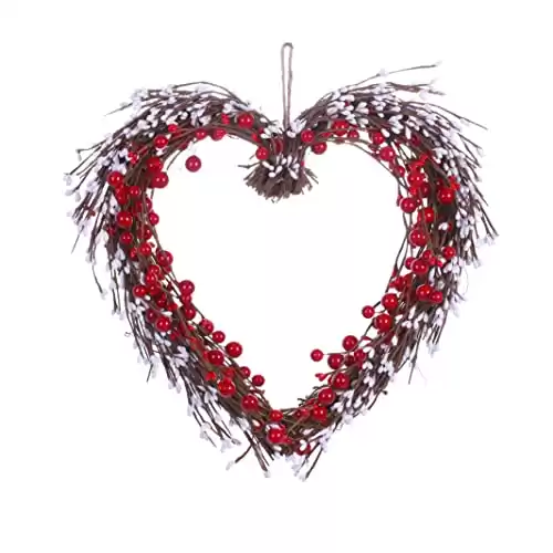 DIYFLORU Artificial Valentines Day Wreath,15 Inches,Heart-Shaped Wreath with Round Berries and White Pip Berries,Perfect for Valentine’s Day Decor,Wedding