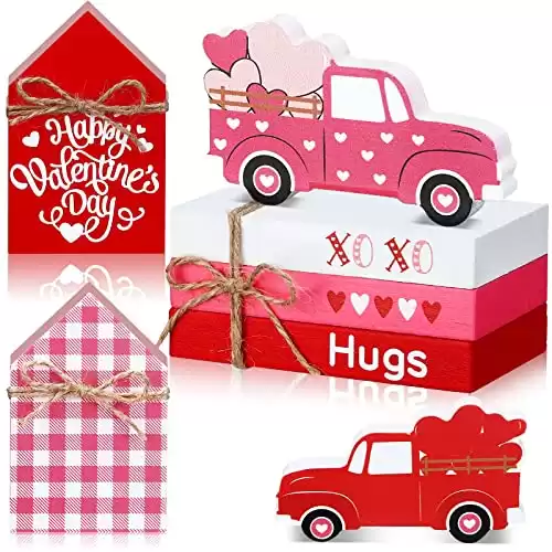 5 Pieces Valentine's Day Tiered Tray Decorations 3 Faux Books Bundle with Twine Red Truck and Valentine House Sign Valentine Truck Sign Valentine's Day Table Decor for Bookshelf Table (Heart...