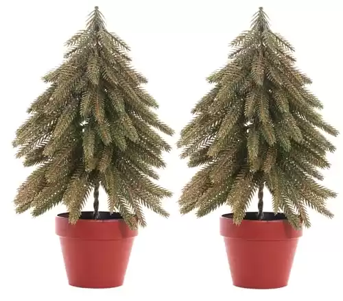 Lamris Mini Christmas Tree 12 Inches Set of 2 Glitter Potted Artificial Village Pine Xmas Trees Decorations Table Top Centerpiece Mantel Home Decor