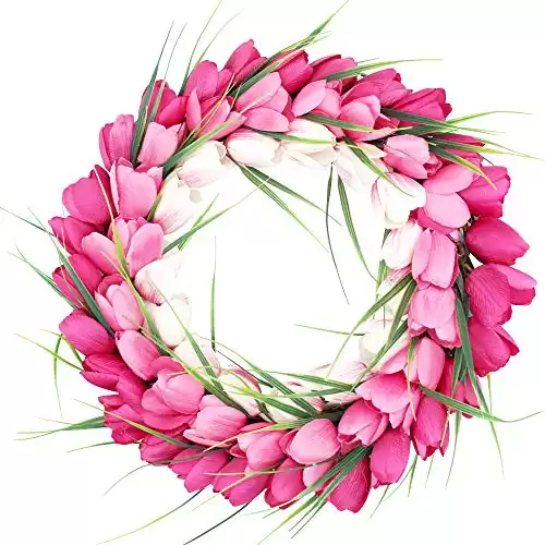 H&W Tulip Wreaths for Front Door Décor, 15'' Springtime Silk Flower Wreath for Window Wall Party Wedding Valentines Day Hanging Decorations, Pink Garland （MC12-D2