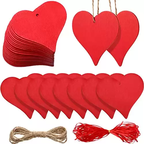 24 Pieces Valentine's Day Heart Wooden Ornament Heart Slices Embellishments Wood Love Shaped Decorative Hanging Tags with Twine and Ribbon for Valentine's Day Wedding Party