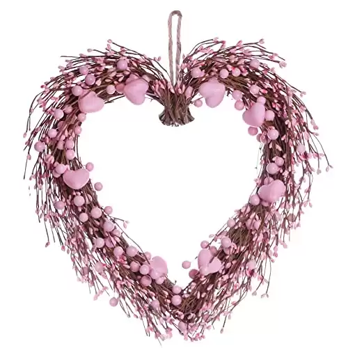 JINGHONG Pink Valentine's Day Wreath 15 Inch Artificial Heart Shaped Wreath with Pink Hearts and Berries for Valentines Day Anniversary Wedding Candlelight Dinner Decor
