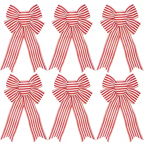 6pcs Red and White Striped Bows for Wreath, 8 x 12.5 Inches, Christmas Tree Bows, Gift Bows, Holiday Bows for Craft (red and White)