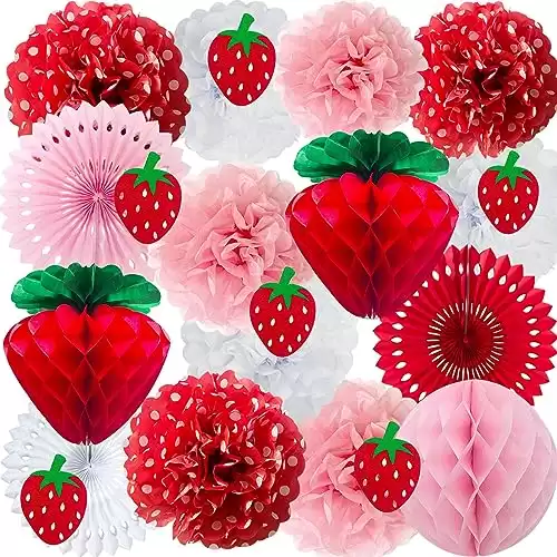ANSOMO Strawberry Party Decorations Red Pink White Tissue Pom Poms Fans Honeycom Balls Lanterns Garland Classroom Berry Sweet Fruits 1st One Birthday Bridal Baby Shower Décor Supplies Girls
