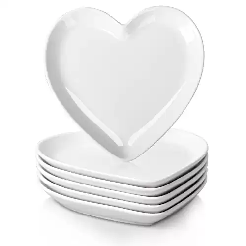 DELLING Heart Shaped Dessert Salad Plates- 6 Pack, 7.3 Inch Ceramic White Dinner Plates, Heart Dishes for Dessert, Appetizer, Steak, Snacks, Microwave & Oven Safe, Thanksgiving & Christmas Day...