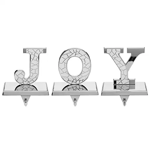 Holiday Jingle Christmas Stocking Holder - Stocking Holders for Mantle – 3Pcs Christmas Stocking Holder – Home Decoration with J O Y Letters – Plated Bright Nickel – Elegant and Modern Joy Han...