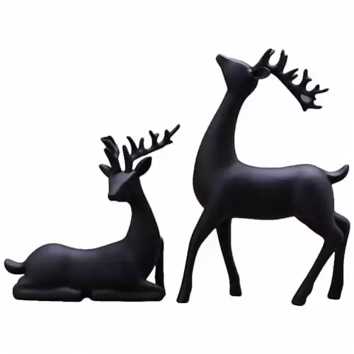 Luganiso Christmas Reindeer Figurines Set of 2 Resin Deer Statues Elk Sculpture Ornaments for Living Room TV / Wine Cabinet Home Decor, Black, 7 x 3 x 9.4 Inch