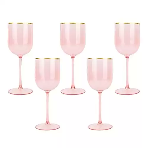PLASTICPRO Pink Wine Cup with Gold rim Plastic Wine Glasses Set of 10 Elegant Wine Goblets Hard Plastic Wine Cups on Stem 12 Ounce
