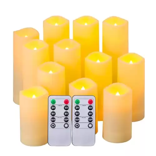 XQZMD Waterproof Flameless Candles, Flickering Flameless Candles, Battery Operated LED Candles with Remote Control, Ivory Fake Candles, Set of 12, D2.2 x H4 5" 6" 7"