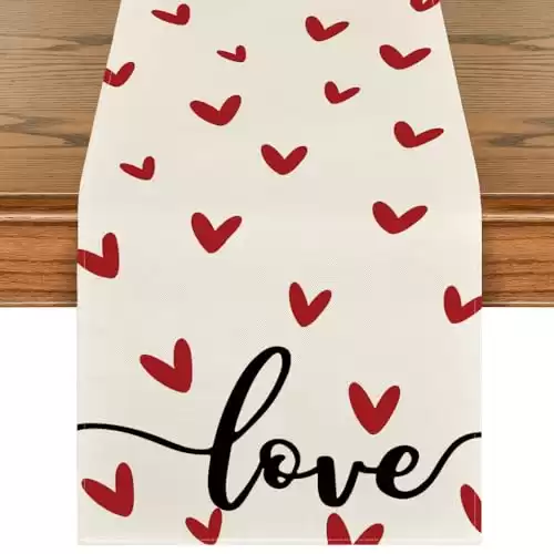 Artoid Mode White Love Valentine's Day Table Runner, Seasonal Anniversary Kitchen Dining Table Decoration for Home Party 13x60 Inch
