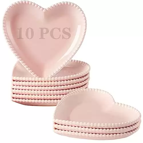 BABALIU 6.3 Inch Porcelain Appetizer Plates Set of 10, Heart Shape Small Dinner Plates, Dessert Salad Plates Serving Dishes for Cake, Snack, Ice Cream, Waffles, Microwave, Oven, Dishwasher Safe, Pink