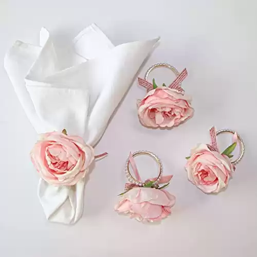 Getfitsoo Pearl Napkin Rings Set of 6, Rustic Rose Napkin Rings Flower Dinner Napkin Holder for Mother's Day,Wedding,Dinners,Parties Table Decoration (Pink Rose)