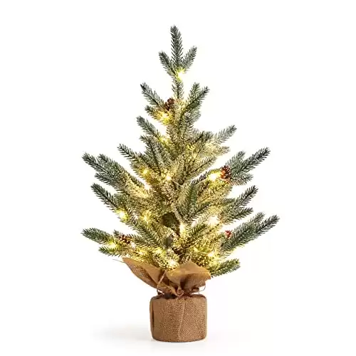 LinTimes 24 Inch Table Top Small Christmas Tree with 50 LED Lights, Prelit Mini Christmas Tree Frosted Pine Tree with Red Berries for Home Table Centerpiece Dining Room Office Desk Decorations