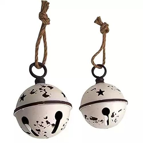 Rustic White Round Christmas Bells, Hanging Holiday Decoration, Set of Two, 6 Inches