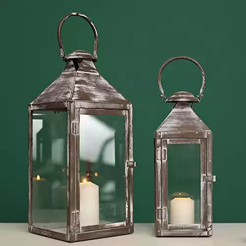 JHY DESIGN Set of 2 Antique Grey Brush Decorative Lanterns 17.5inch&13.5inch Metal Candle Lanterns for Indoor Outdoor Events Paritie and Weddings Vintage Style Hanging Lantern