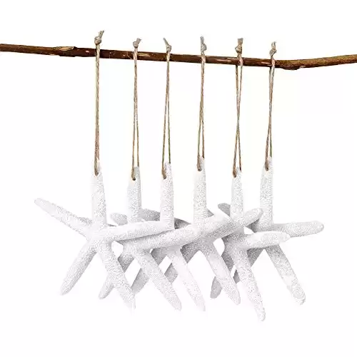 AerWo 20pcs 4 Inches White Artificial Resin Starfish with Rope, Hanging Finger Star Fish DIY Craft Beach Wedding Decorations Beach Christmas Ornaments, 4inch