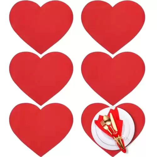 Remerry Leather Valentine's Day Heart Placemats Set of 6 Red Heart Shaped Place Mats Waterproof Leather Washable Valentine's Day Table Mat Kitchen Mats for Party Decorations Kitchen Dining T...