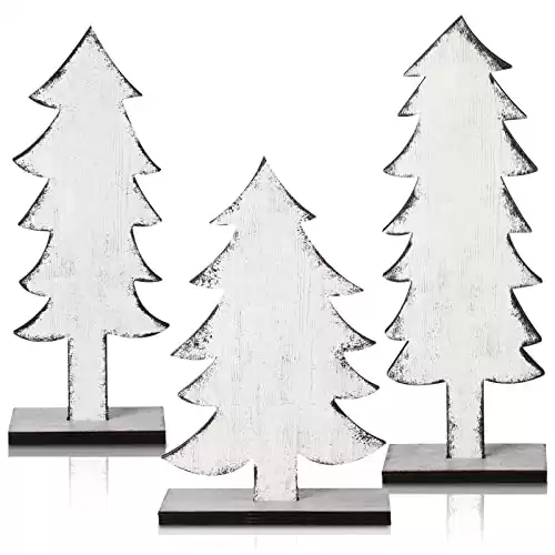 3 Pcs Tabletop Christmas Tree Decorations Office Standing Handmade Wood Trees Rustic Farmhouse Wooden Tree Centerpieces for Tables Rustic Xmas Decor with Rectangular Base for Home Office (White)