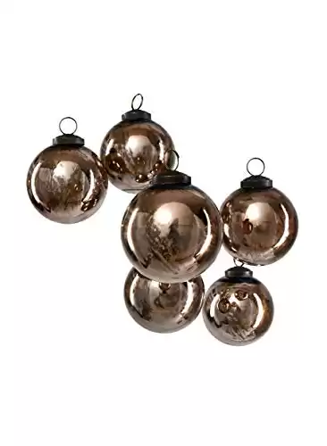 Serene Spaces Living Set of 6 Decorative Antique Bronze Mercury Glass Ball Ornament for Window Box, Ornaments for Holiday Décor, Measure 4" Tall and 3" Diameter