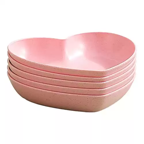 5 Pack 6 Inch Heart Shape Mini Dipping Sauces Bowls, Unbreakable Wheat Straw Small Snack Dessert Dishes, Salad Plates for Sushi Side Dish Fruit Appetizer Cake, Pink