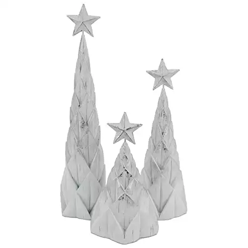 S/3 Resin White/Silver Foil Tree W/Star Top Tabletop Handmade Polyresin Trees with Circular Base for Holiday Home Decor (Christmas Trees-2)