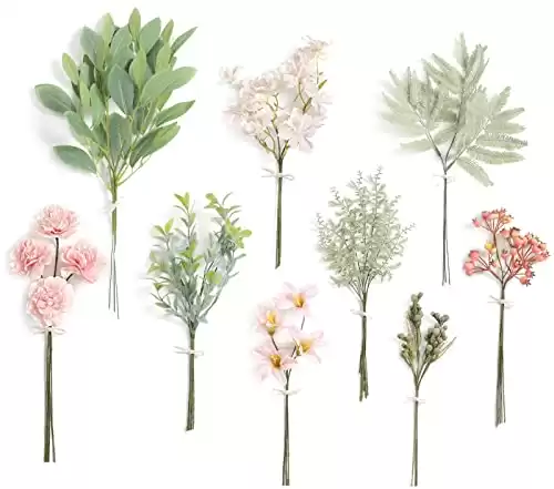 Serra Flora Artificial Greenery Stems Box Set,(Pack of 47pcs) with 9 Kinds of Faux Pink Green Filler for DIY Bridal Bouquets Wedding Floral Arrangement Table Centerpieces