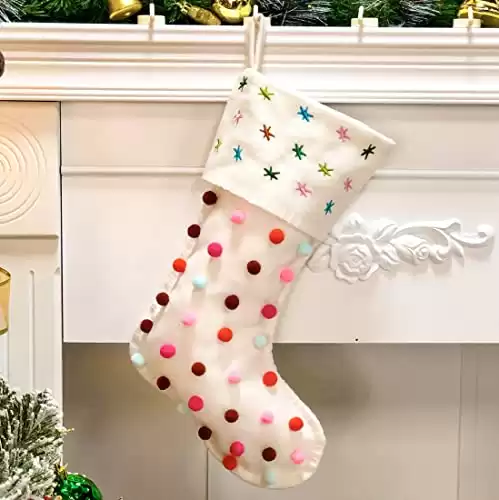 Hopearl Pom Pom Christmas Stockings Kit Boho Style Socks Ultra Soft Holders Ornament Luxury Gift Bags for Family Xmas Tree Party Supplies, Cream, 18''