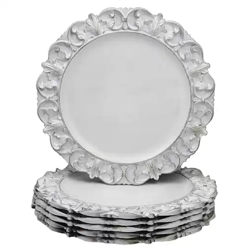 Leemxiiny 13" Antique White Charger Plates, Set of 6 Plastic Textured Chargers for Dinner Plates with Embossed Rim, Table Décor, Party, Wedding, Holiday