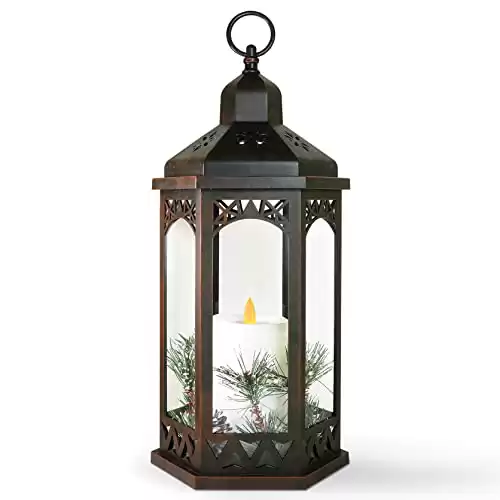 Christmas Decorative Lantern LED Flickering Flameless Candle with Xmas Ornaments by Furora LIGHTING, Battery Operated Antique Hanging Outdoor Lanterns with Timer, Holiday Party Decor, Vintage Brown