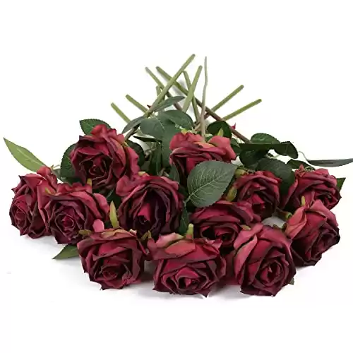 IPOPU Burgundy Roses Artificial Flowers 12PCS Roses Flowers Heads Dried Silk Flowers Burgundy Flowers Artificial for Decorations with Single Stems for Floral Arrangements Wedding Flowers (Burgundy)