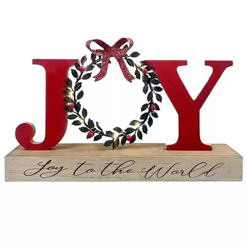 HOMirable Christmas Decor Indoor Joy Sign with Wreath for O, LED Lighted Rustic Tabletop, Bowknot Farmhouse Wooden Home Decorative Sign, Holiday Xmas Display Box Decoration Gift