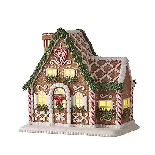 One Holiday Way 8.75-Inch Light Up Faux Gingerbread Cottage House with Timer, Rosemary, Candy Cane & Flower Accents - LED Lighted Christmas Home Decor Figurine - Xmas Mantel, Tabletop, Desk Decora...