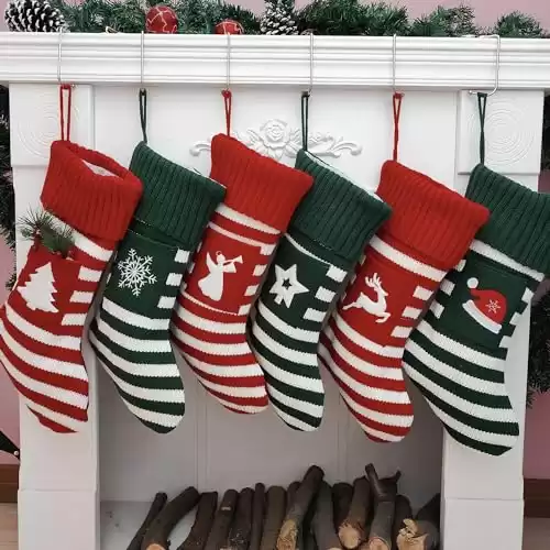 2023 New Knit Christmas Stockings Set of 6, Kintted Christmas Stockings 6 pack, 18” Large Family Christmas Stockings, Farmhouse, Rustic, Christmas Decoration, Red Green and White Stripes personalize...
