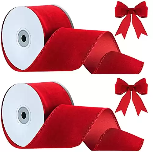 Lyrow 2 Rolls Christmas Velvet Ribbon 2.5 Inches Christmas Velvet Satin Ribbon Vintage Wide Wired Edge Wrapping Ribbon for Christmas Wedding Decorating, Gift Wrapping Bow(Red, 20 Yards)