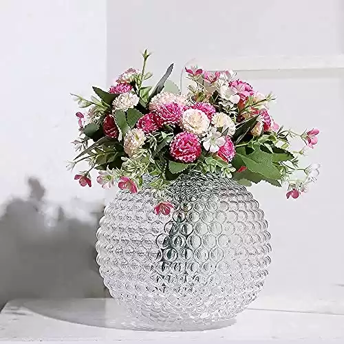 Magcolor Small Glass Round Vase for Weddings,Ribbed Crystal Glass Vase,Events, Decorating, Arrangements, Flowers, Office or Home Décor, Pack of 1 (6.9“ Tall 6.9“ Wide)
