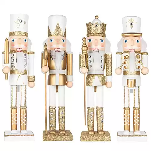 KI Store White and Gold Christmas Nutcracker 15-Inch Set of 4 Wooden King and Soldier Nutcracker Figurine Display Set for Christmas Decorations