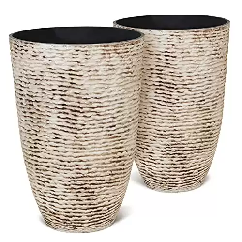 Worth Garden 9 Gallon Tall Round Planters Set of 2-14" Dia x 21" H Tree Pots for Outdoor Plants - Large Imitation Stone Finish Flower Pots Indoor Decorative Container Garden Patio Unbreakabl...