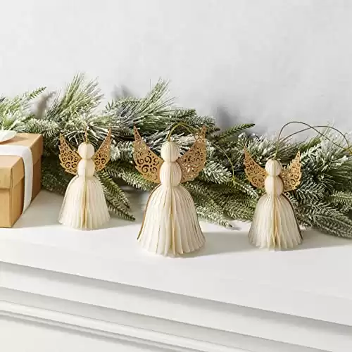Paper Angels Honeycomb Christmas Decorations, Set of 3 Paper Angel, 5 and 6 in, White with Gold Glitter, Hanging Paper Ornaments or Vintage Holiday Table Decor