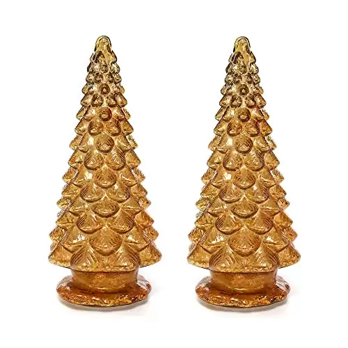Yomikoo Glass Christmas Tree, 2PCS Lighted Mercury Glass Tabletop Christmas Tree Decoration for Party Ceremony 14.1" X 6.2" (Gold)
