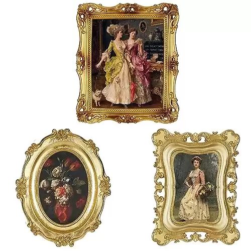 Thyle 3 Pcs Small Vintage Picture Frames Victorian Decor Gold Vintage Frame Wall Hanging Antique Photo Frames Tabletop Ornate Gold Frames for Gallery Victorian Art Wall Decor, 3 Styles