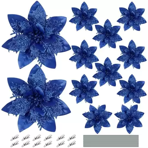 Fuyamp 12 Pcs Christmas Poinsettia Flowers, Artificial Glitter Faux Flowers Ornaments with 12 Pcs Clips and Stems for Christmas Tree, Xmas Garland Wreath, New Year and Wedding Decorations(Blue)