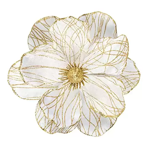 KI Store Christmas Poinsettia Artificial Velvet Magnolia Flower White and Gold Floral Picks Stems for Christmas Tree Decoration Pack of 6 for Xmas Tree Wedding Centerpiece
