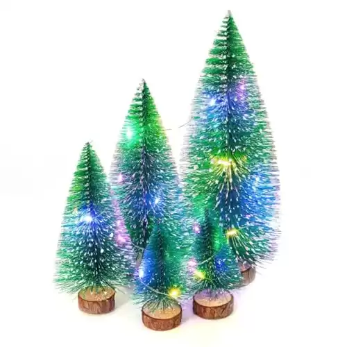 Tiny Christmas Trees, 4pcs Mini Artificial Xmas Sisal Snow Frost Tabletop Trees, Green Bottle Brush Trees with Wood Base, for Christmas Décor