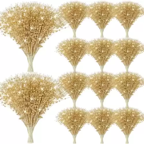 WILLBOND 100 Bouquets Golden Christmas Berry Stem Ornaments Glitter Fake Christmas Picks Artificial Decorative Sticks Gold Branches for Christmas Tree Vase DIY Home Wedding Party Table Decorations