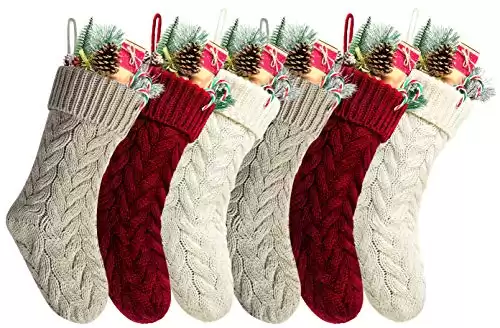 Pack 6,18" Unique Burgundy and Ivory White and Khaki Knit Christmas Stockings Style3
