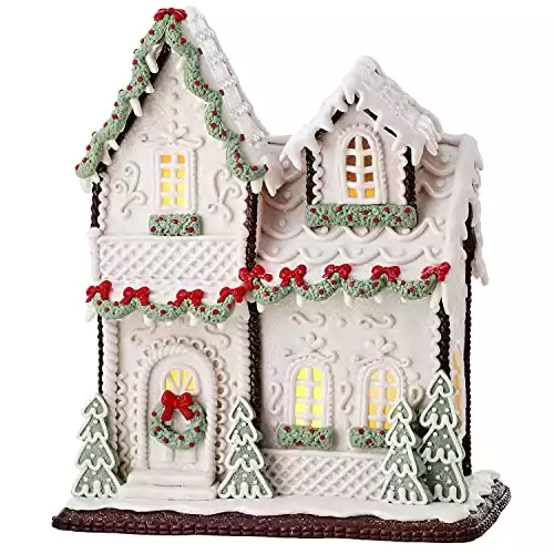 One Holiday Way 13-Inch LED Light Up White Faux Gingerbread Cake House Tabletop Decoration w/Timer, Christmas Garlands, Trees, Wreath – Lighted Decorative Winter Party Home Decor