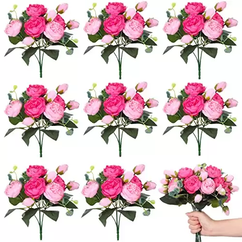 8 Packs Artificial Peony Flowers Faux Flowers Silk Peonies Bouquet Vintage Wedding Home Table Door Decor Reusable Bouquet of Rose Flowers for Valentine Wedding Birthday Home Office Vase (Pink)