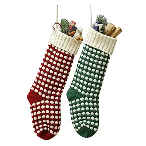 Guojanfon Christmas Stockings ，18" Unique Burgundy and Green Knit Christmas Stockings Dots Style (Length 18",Pack 2)